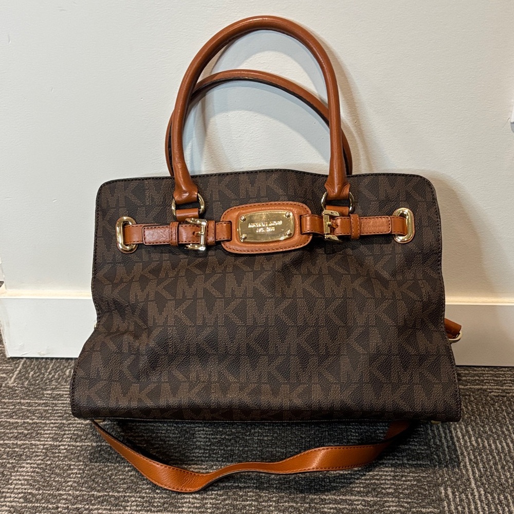 Michael Kors Dark Brown MK Logo Satchel with Tan Leather Trim